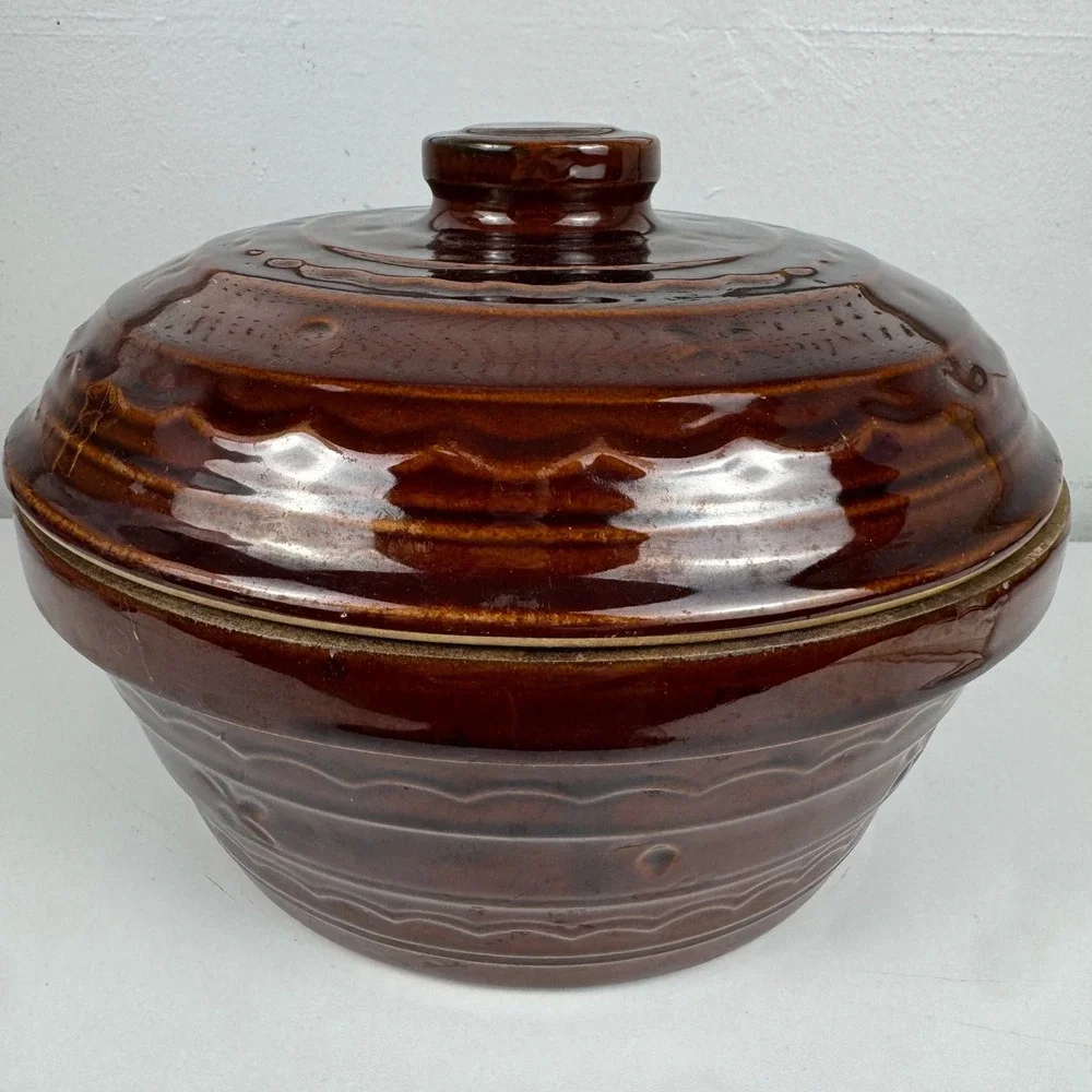 Vtg Mar-Crest Daisy Dot Brown Drip Glaze Covered Stoneware‎ Casserole Dish